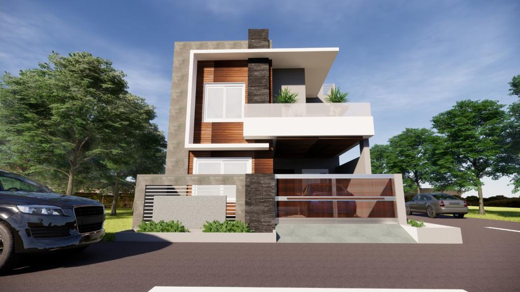 A 3D-rendered modern house with a balcony, large windows, and a car parking area.