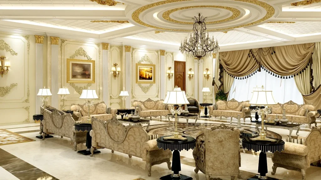 Elegant living room with gold-accented decor, chandeliers, and ornate furniture.